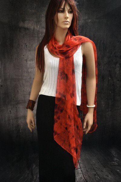 Elegante chiffon zijden sjaal, rood en zwart, extra lang