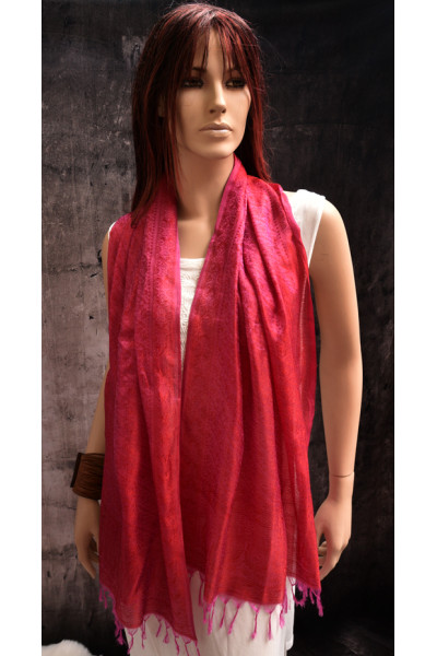 Donker fuchsia dun zijden sjaaltje met franjes, 175 x 54 cm