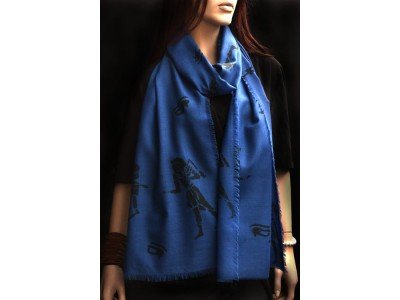 Wollen sjaaltje, smal, donkerblauw, egyptische symbolen