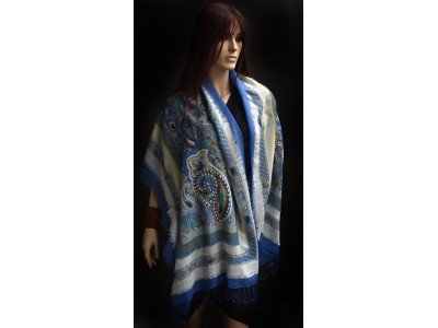 Wollen sjaal of stola, bohemian, blauw en offwhite