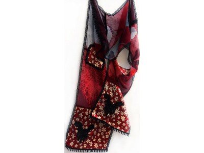 Patchwork vintage style sjaal met kant en franjes, rood, zwart en grijs