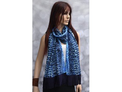 Katoenen sjaal, blauw, turquoise, suedine franjes