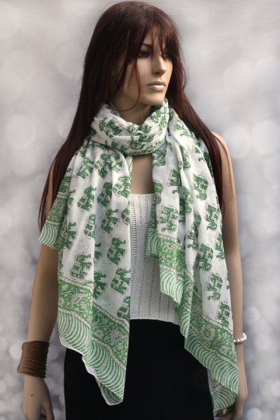 Katoenen sjaal of pareo met originele blockprint, groen en wit